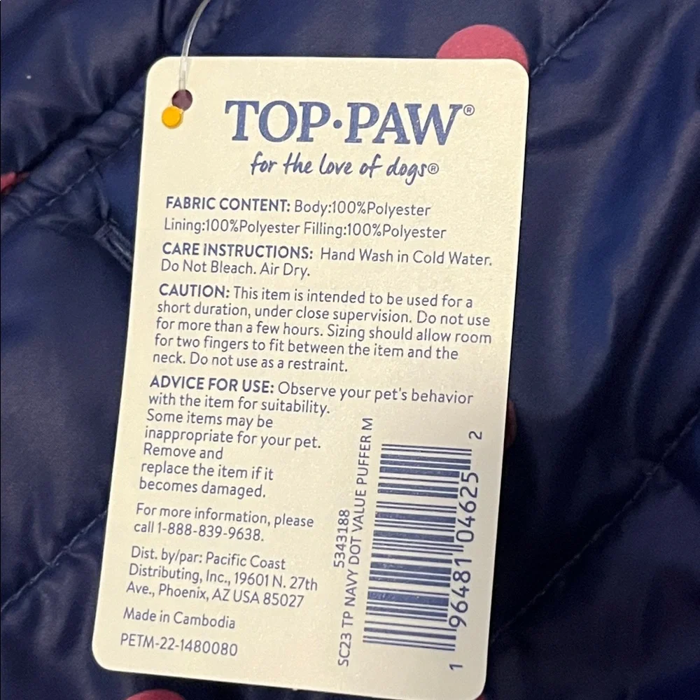 Dog Puffer Jacket with Polka Dots by Top Paw NWT